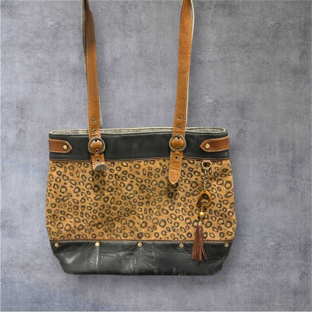 VAAN & CO. Upcycled Black Leather Bridgette Tote Bag Leopard Print 12 X 15